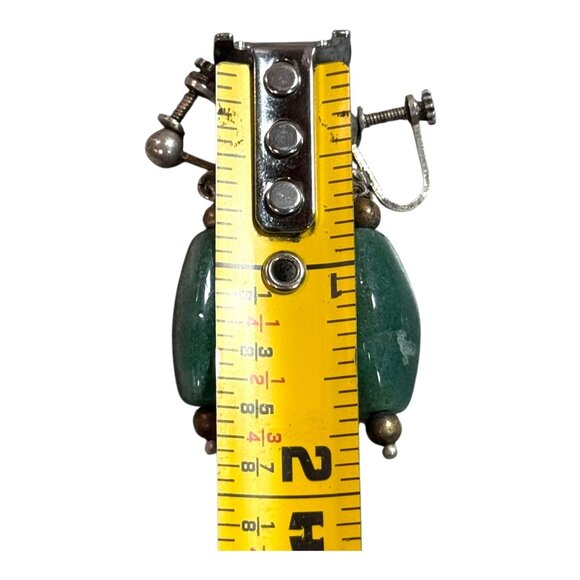 Vintage Green Aventurine & Silver Screw Back Earrings Clip On Gemstone Dangle - Picture 3 of 6